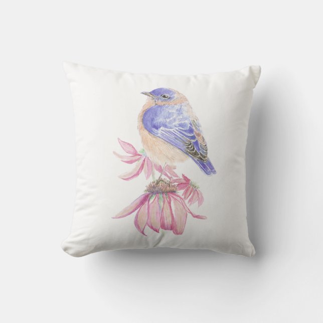 Original Watercolor Bluebird on Echinacea Flower Throw Pillow (Front)