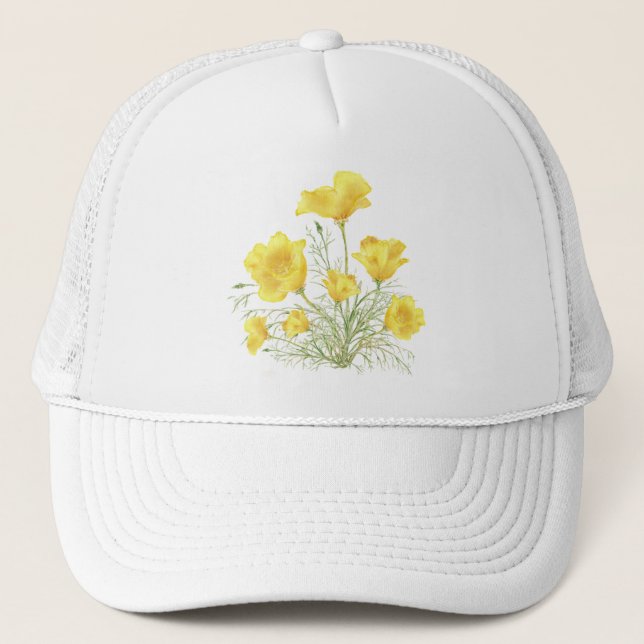 Original Watercolor California Poppy Flower Trucker Hat (Front)