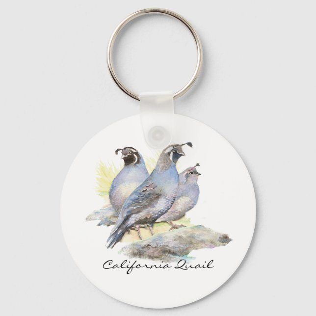 Original Watercolor California Quail. Bird Keychain (Front)