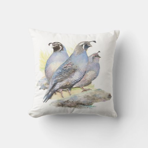 Original Watercolor California Quail Bird Throw Pillow