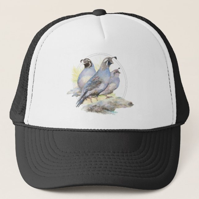 Original Watercolor California Quail Bird Trucker Hat (Front)