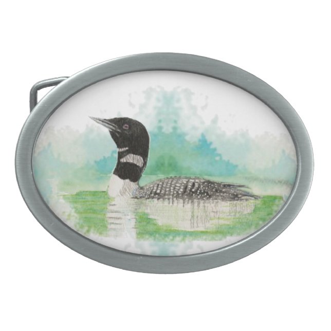 Original Watercolor Common Loon, Bird Oval Belt Buckle (Front)
