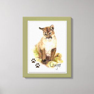 Original Watercolor Cougar Puma Mountain Lion Cub Canvas Print