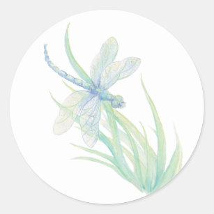 Original Watercolor Dragonfly in Blue and Green Classic Round Sticker