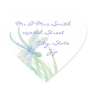 Original Watercolor Dragonfly in Blue and Green Heart Sticker