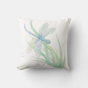 Original Watercolor Dragonfly in Blue and Green Throw Pillow