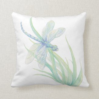 Original Watercolor Dragonfly in Blue and Green Throw Pillow