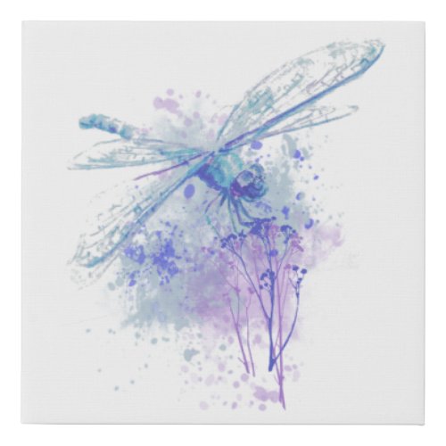 Original Watercolor Dragonfly in Blue Mauve Nature Faux Canvas Print