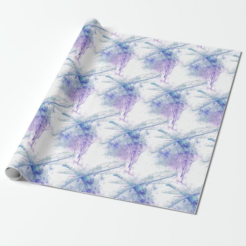 Original Watercolor Dragonfly in Blue Mauve Nature Wrapping Paper