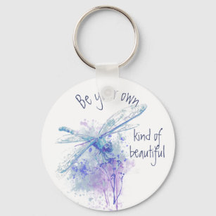 Original Watercolor Dragonfly in Blue Mauve Quote Keychain