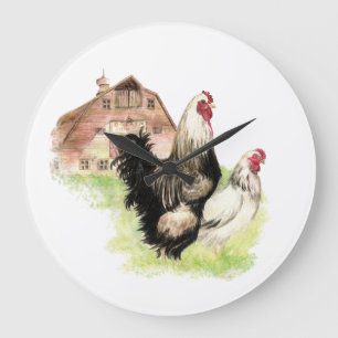Original Watercolor Farm Chickens and Barn Scene Large Clock