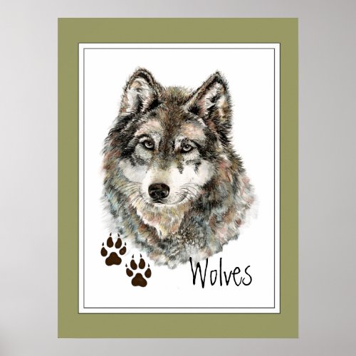 Original Watercolor Gray  Wolf_ Tracks Animal Poster