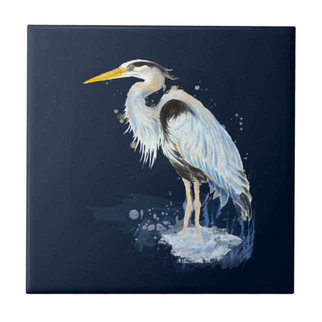 Original watercolor Great Blue Heron Bird Ceramic Tile (Front)