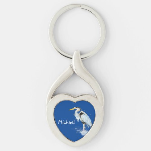 Original watercolor Great Blue Heron Bird Custom Keychain