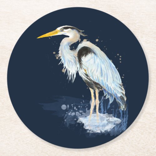 Original watercolor Great Blue Heron Bird Custom Round Paper Coaster