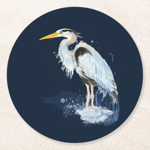 Original watercolor Great Blue Heron Bird Custom Round Paper Coaster