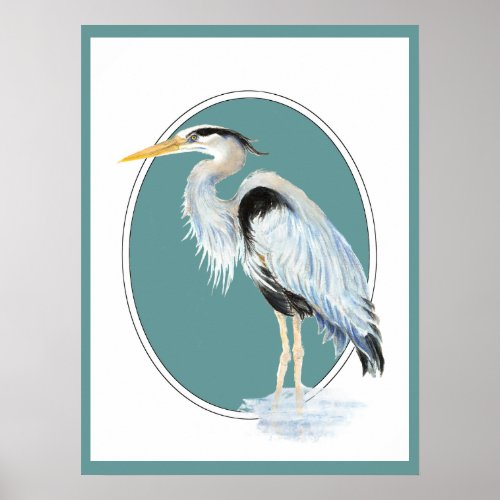 Original Watercolor Great Blue Heron Bird Poster