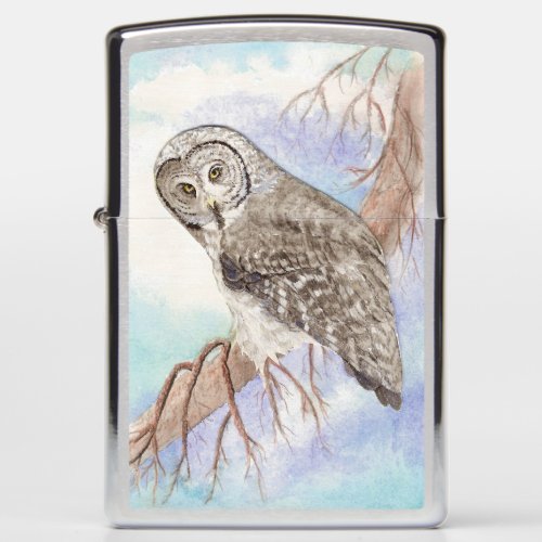 Original Watercolor Great Grey Owl Bird Zippo Lighter