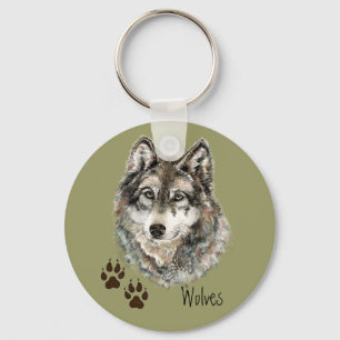 Original Watercolor Grey Wolf- Tracks Animal Keychain