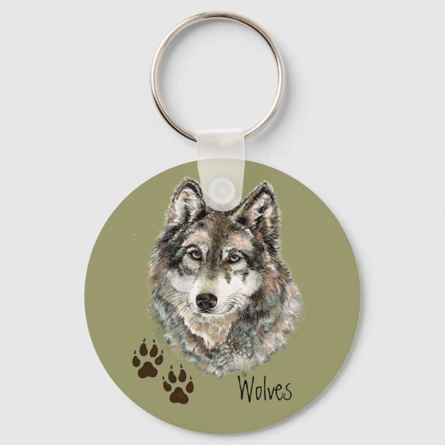 Original Watercolor Grey  Wolf- Tracks Animal Keychain (Front)