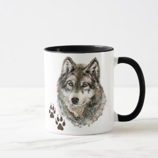 Original Watercolor Grey  Wolf- Tracks Animal Mug