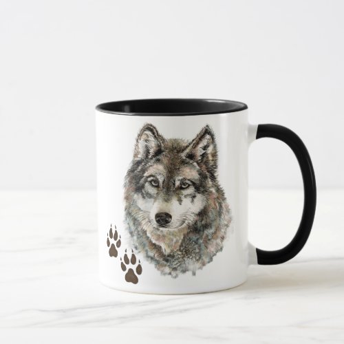 Original Watercolor Grey  Wolf_ Tracks Animal Mug
