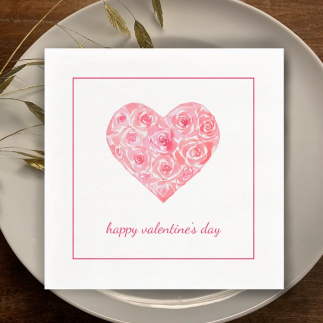 Original Watercolor Heart Custom Valentines Day Napkins (Original unique chic. Hand painted watercolor heart of roses. Pink Valentine’s Day custom napkins
)