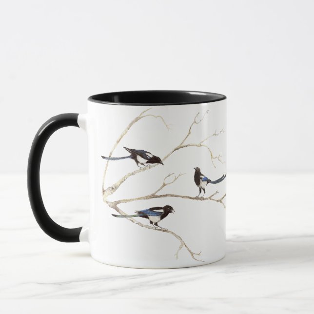 Original Watercolor Magpie Family, Bird Mug (Left)