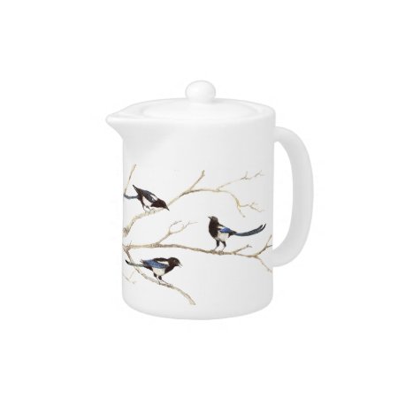 Original Watercolor Magpie Garden Bird Family Teapot