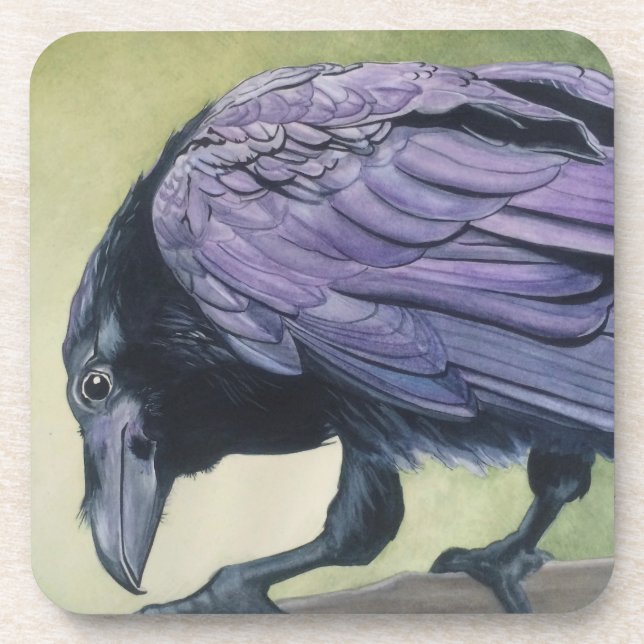 Original Watercolor Painting of Crow Raven Beverage Coaster (Front)