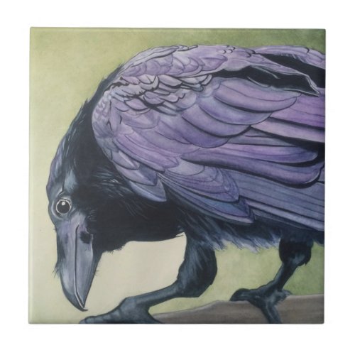 Original Watercolor Painting of Crow Raven Ceramic Tile