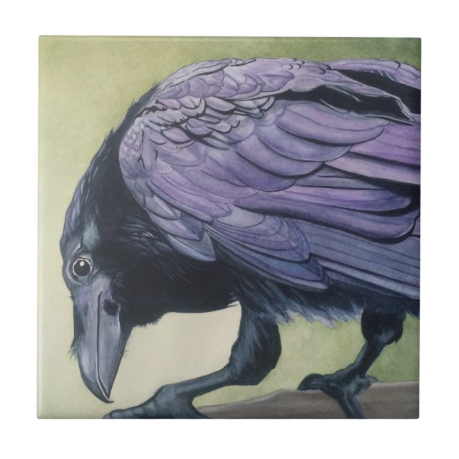 Original Watercolor Painting of Crow Raven Ceramic Tile (Front)