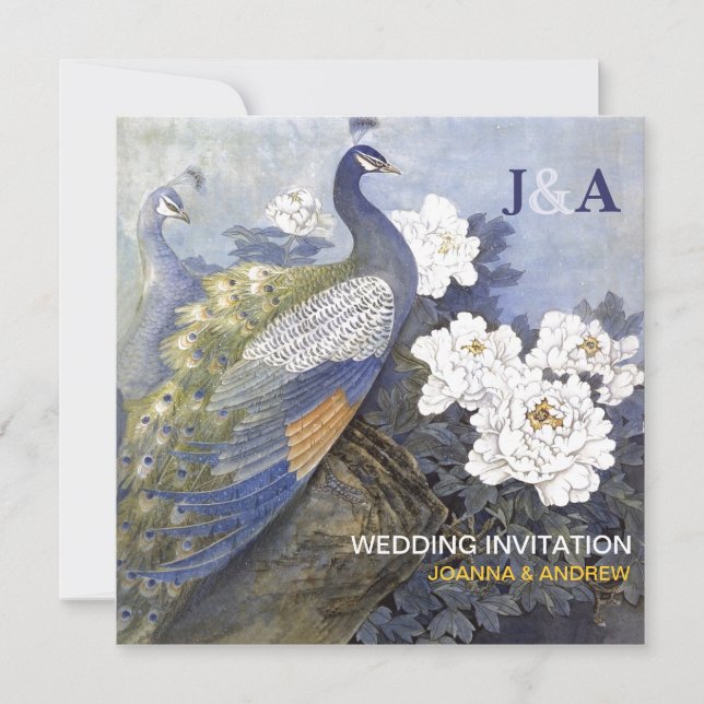 Original Watercolor Peacock Pair Wedding Invite (Front)