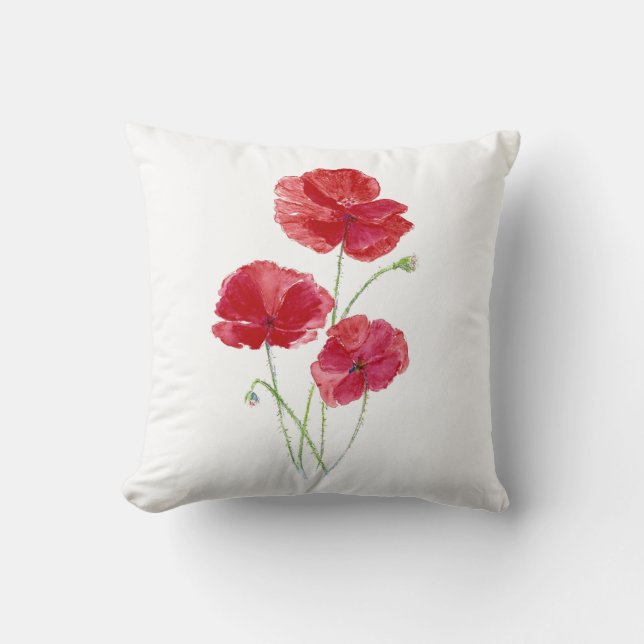Original Watercolor Red Poppy Garden Flower Throw Pillow (Front)