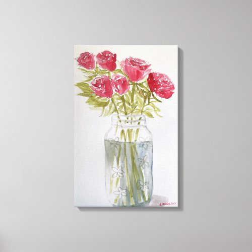 Original Watercolor Roses In The Jar  Canvas Print