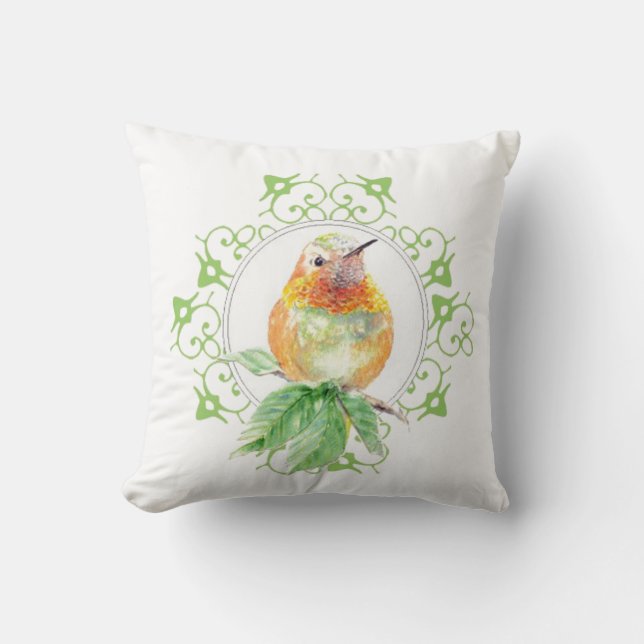 Original Watercolor Rufous Hummingbird Bird Throw Pillow (Front)