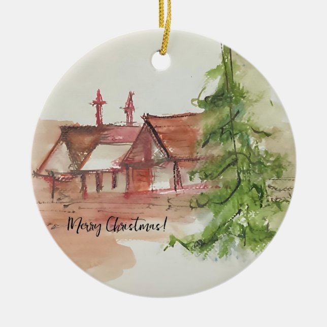Original watercolor sketch  ceramic ornament (Front)