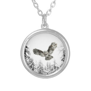 Original Watercolor Striking or Hunting Owl Bird Silver Plated Necklace