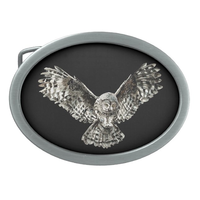 Original Watercolor Striking Owl Belt Buckle (Front)