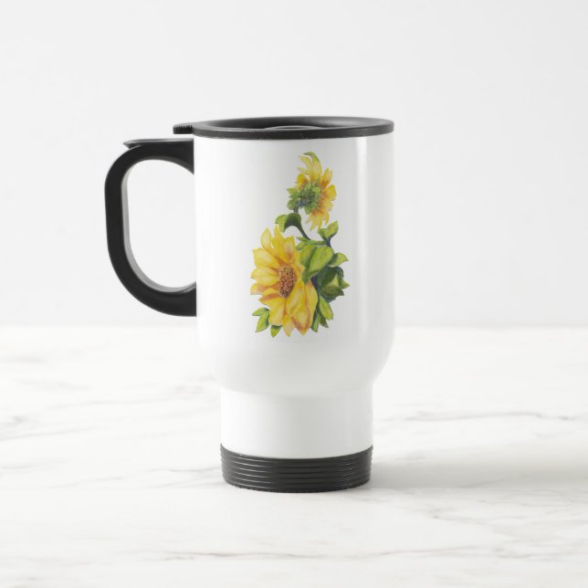 Original Watercolor Sunflower Garden Floral Travel Mug (Left)
