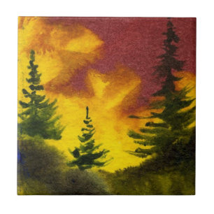 Original watercolor Sunset Pine Tree Tile