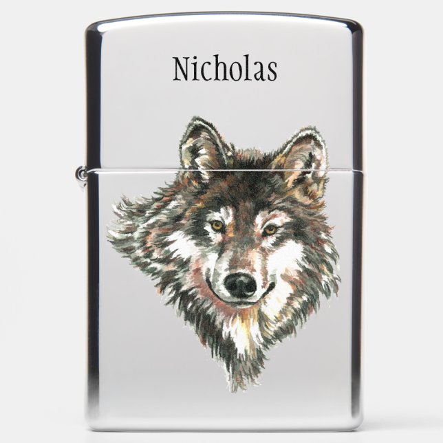 Original Watercolor Wolf Head Logo Animal Custom Zippo Lighter (Front)