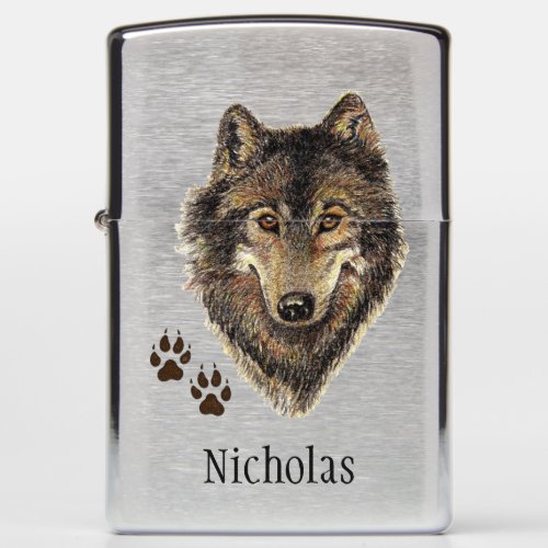 Original Watercolor Wolf  Tracks Animal Custom Zippo Lighter