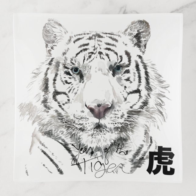 Original White Tiger Watercolors Chinese Ideogram Trinket Tray (Front)