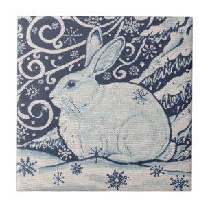 Original Winter Christmas Rabbit Blue & White Tile