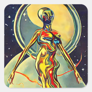 Orignal art Liquid Metal Alien woman Abstract Square Sticker