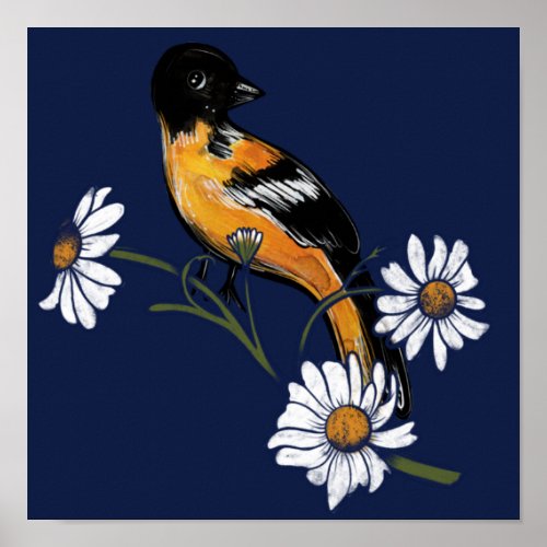 Oriole Bird Daisy Flower Nature Art                Poster