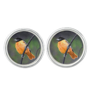 Oriole Painting - Original Bird Art Cufflinks