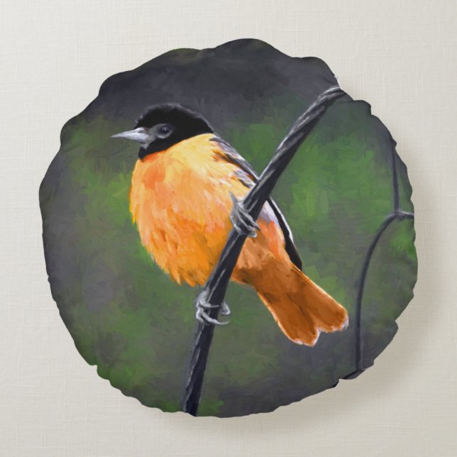 Oriole Painting - Original Bird Art Round Pillow (Back)