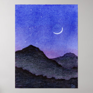 Orion & Crescent Moon Mountains Poster